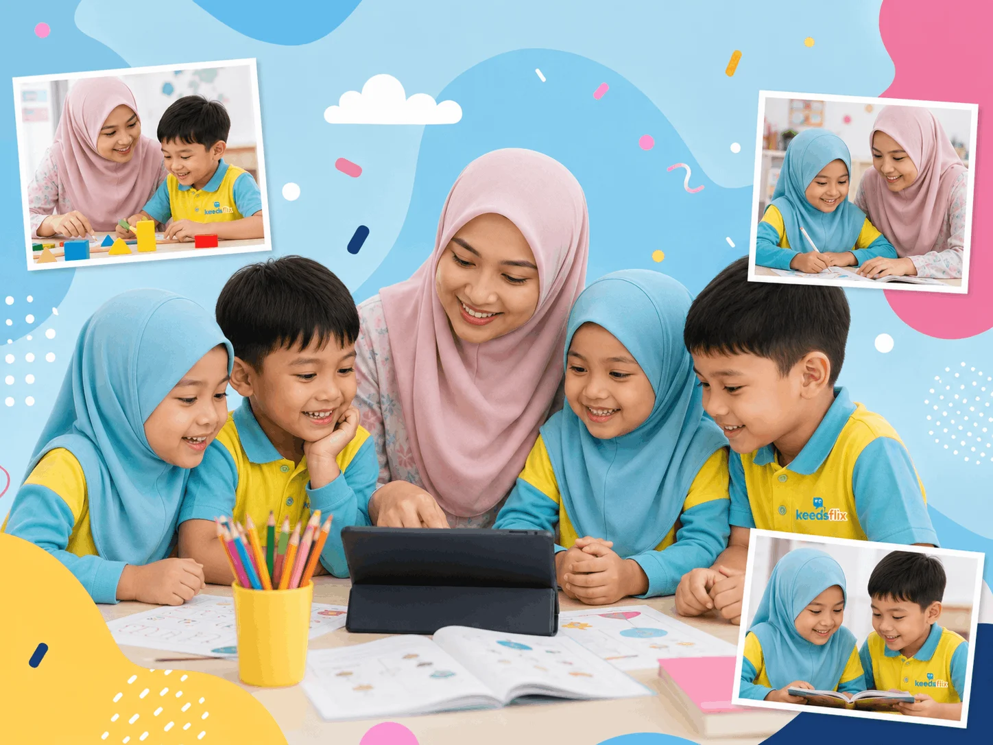 An educator guiding Keedsflix learners through digital learning at preschool