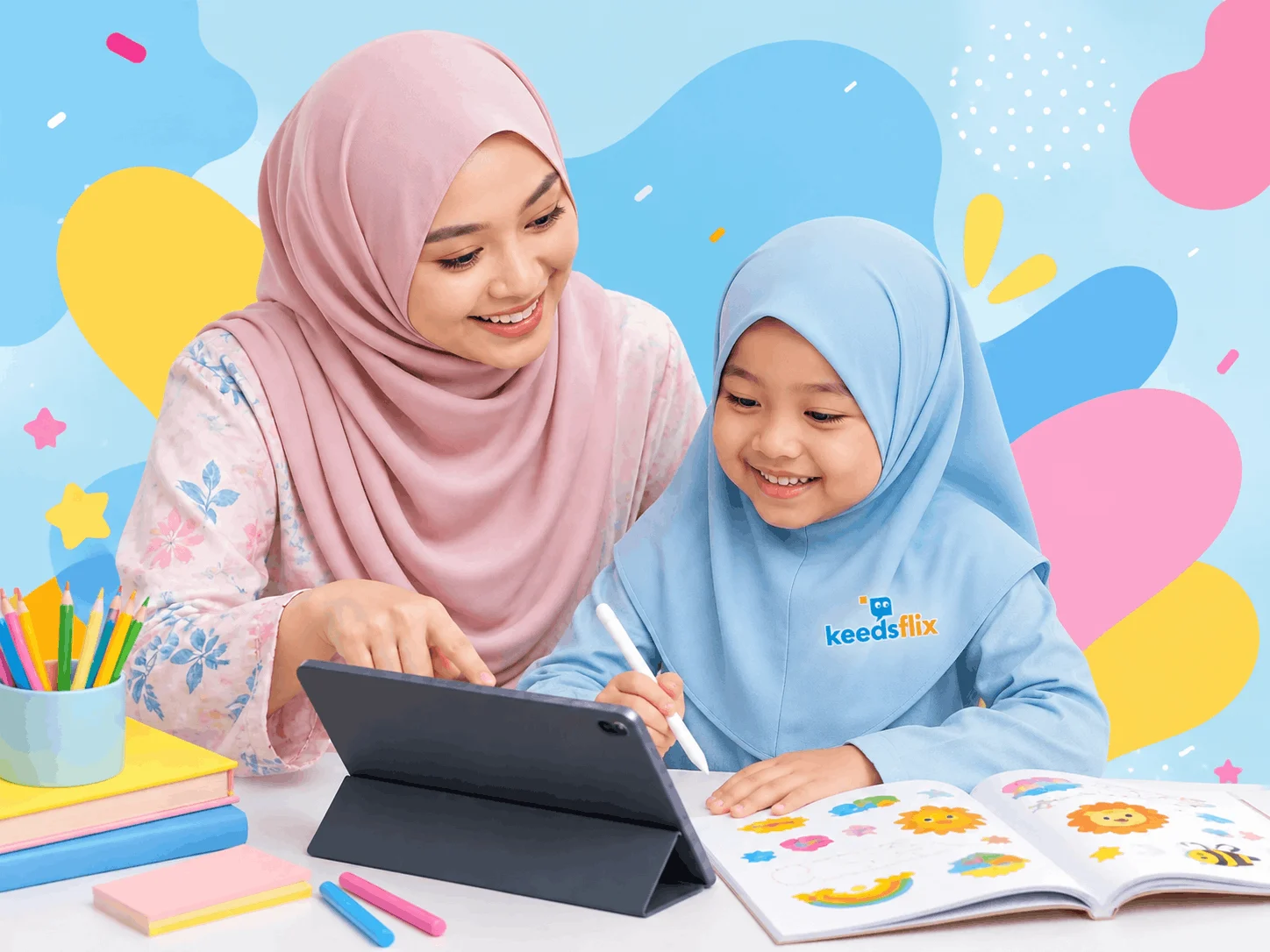 A parent and child learning together with Keedsflix at home